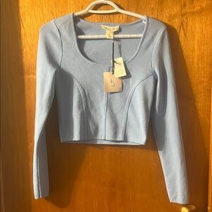 Woman’s Happily Gray Light Blue Long Sleeve Scoop Neck Crop Top Large